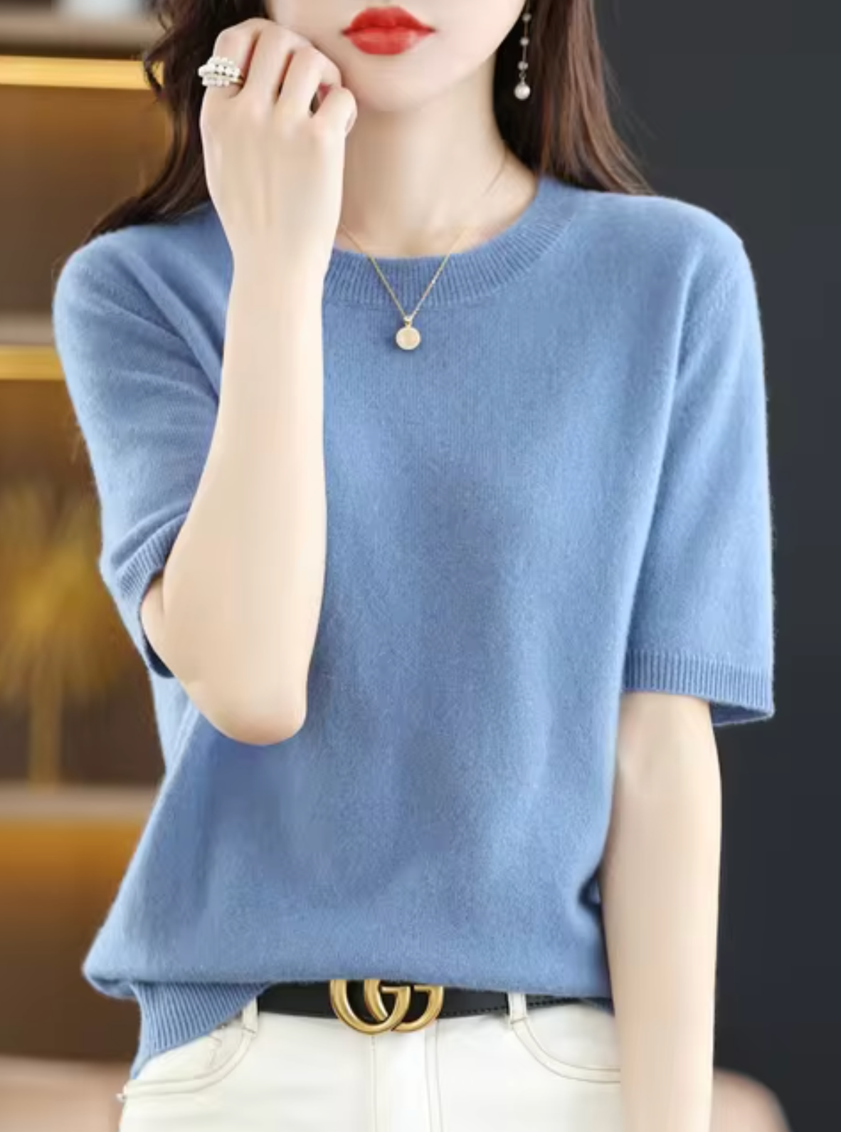 Short-sleeved wool and cashmere jumper