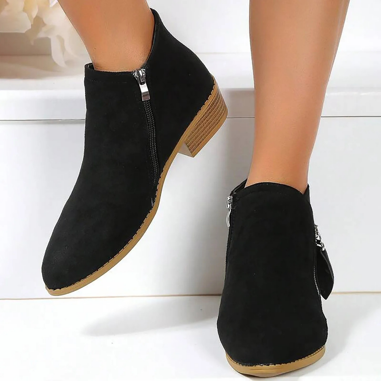 Women's Suede Ankle Boots with Zipper and Low Heel