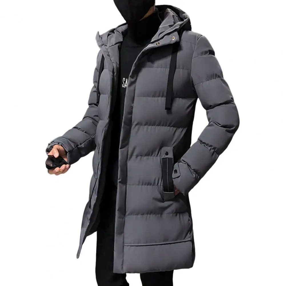 Men's long puffer jacket with large hood and zip pockets