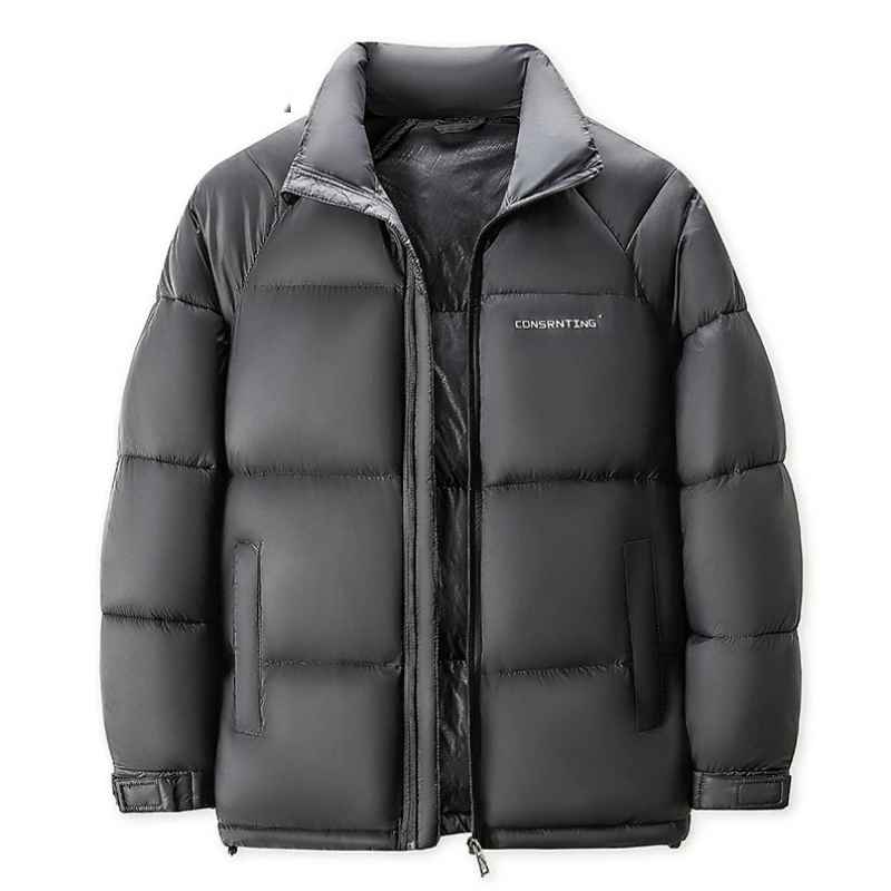 Men's puffer jacket with high collar and logo details