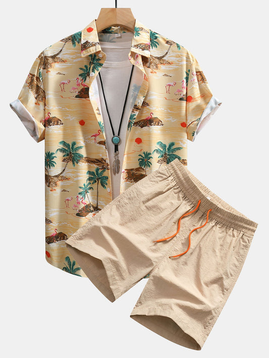 Flamingo Habitat Print Button Up Shirt & Swim Shorts