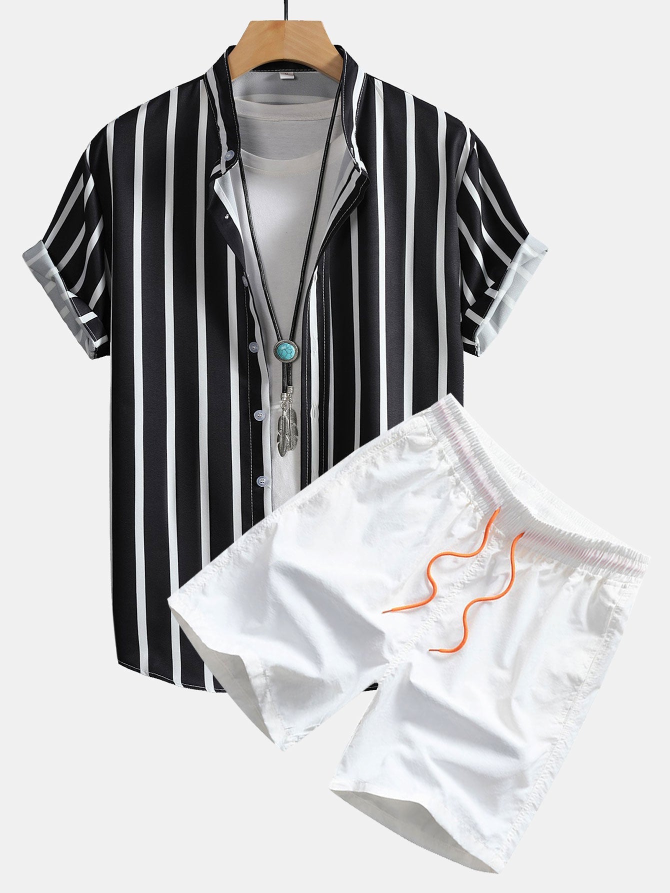 Striped Button Up Stand Collar Shirt & Man Mid Length Drawstring Swim Shorts