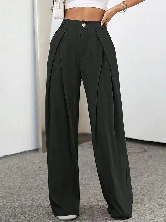 Women - Pleated High-Waisted Trousers - Plain Coloured - Stylish and Comfortable Fashion Essential