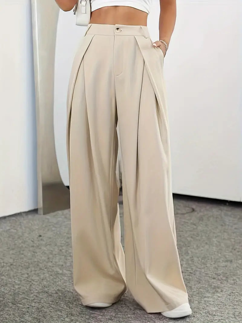 Women - Pleated High-Waisted Trousers - Plain Coloured - Stylish and Comfortable Fashion Essential