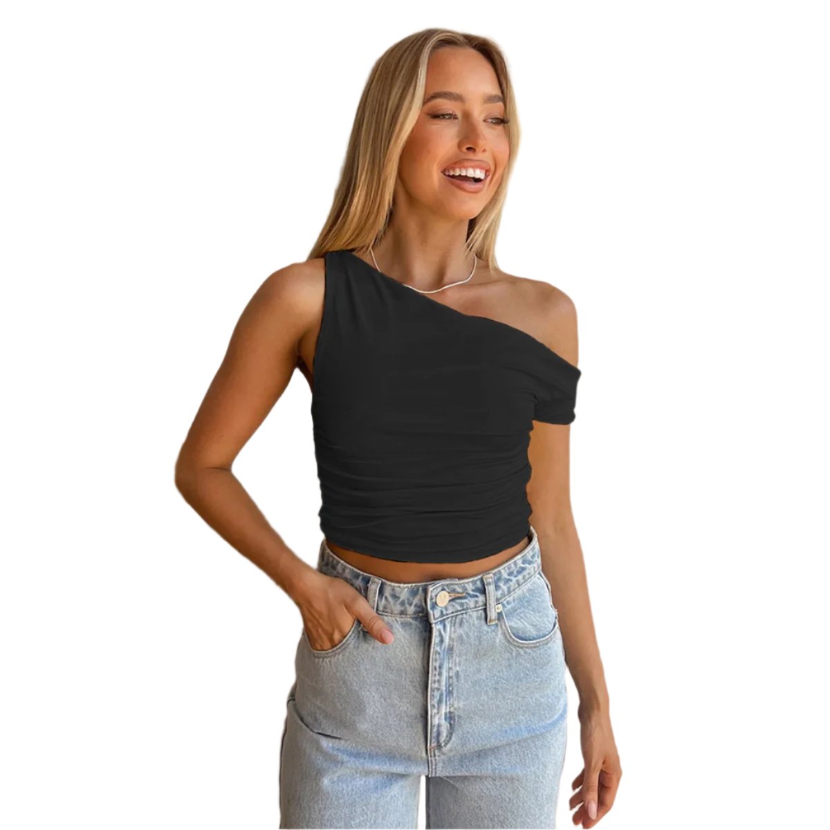 Asymmetric crop top with off-the-shoulder design