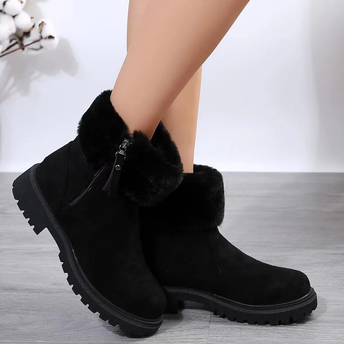 Women - Boots - Plush Material - Elegant Design with Zip Fastening - Stylish and Comfortable Footwear