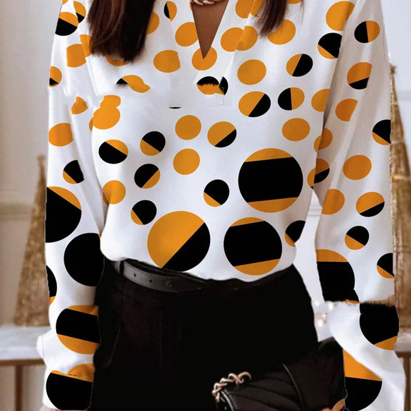 Trendy Printed Polka Round Ladies Blouse V-Neck