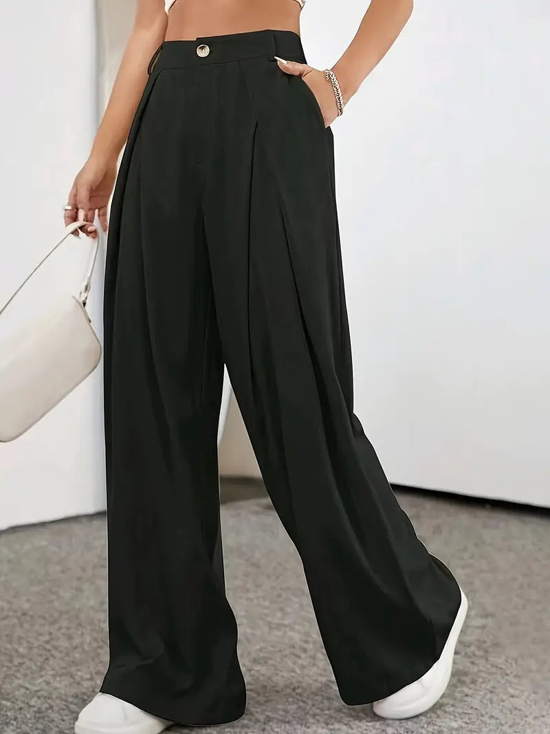 Women - Pleated High-Waisted Trousers - Plain Coloured - Stylish and Comfortable Fashion Essential