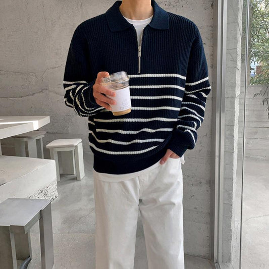 Men - Quarter Zip Jumper - Cozy Knit in Hardy Blue and White - Ideal for Layering