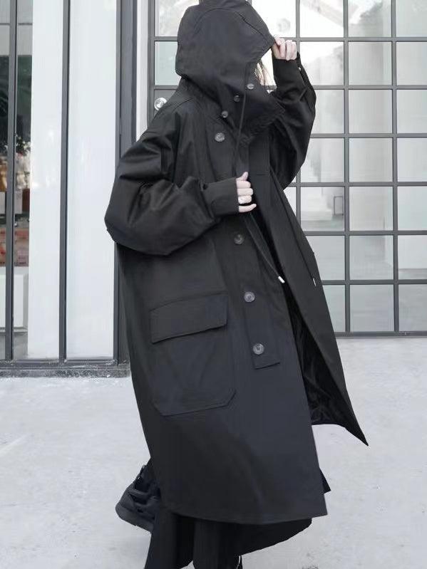 Women's Long Hooded Coat - Stylish Black Outerwear - Unique Presence - Warm & Trendy