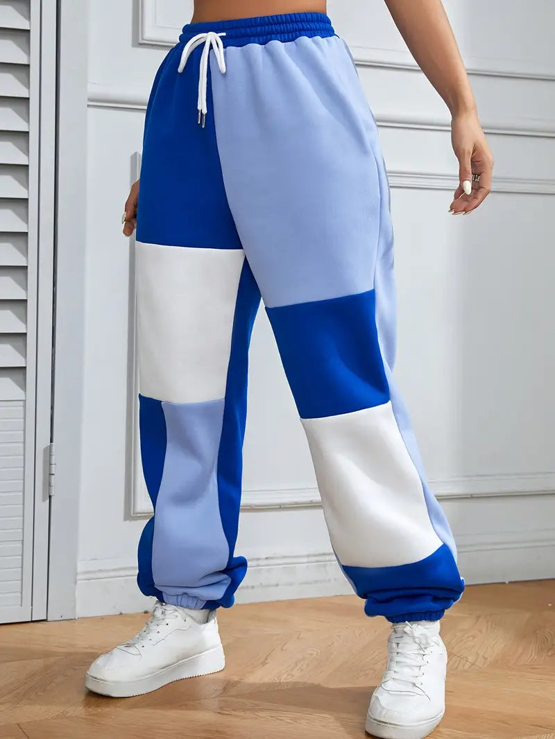 Women's Jogger Trousers - Colour Block Loose Fit - Comfortable Drawstring Style - Casual Athletic Wear