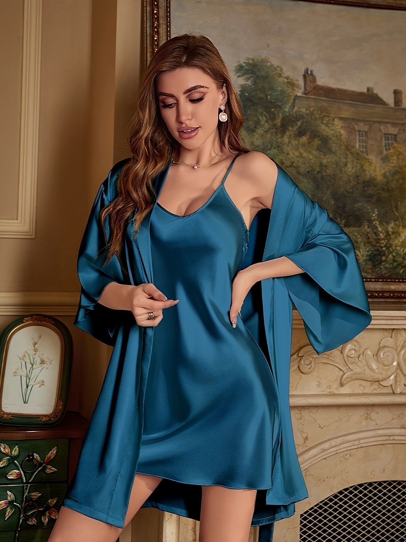 Women's - Satin nightgown & dressing gown set - Elegant design for stylish nights - Nightwear