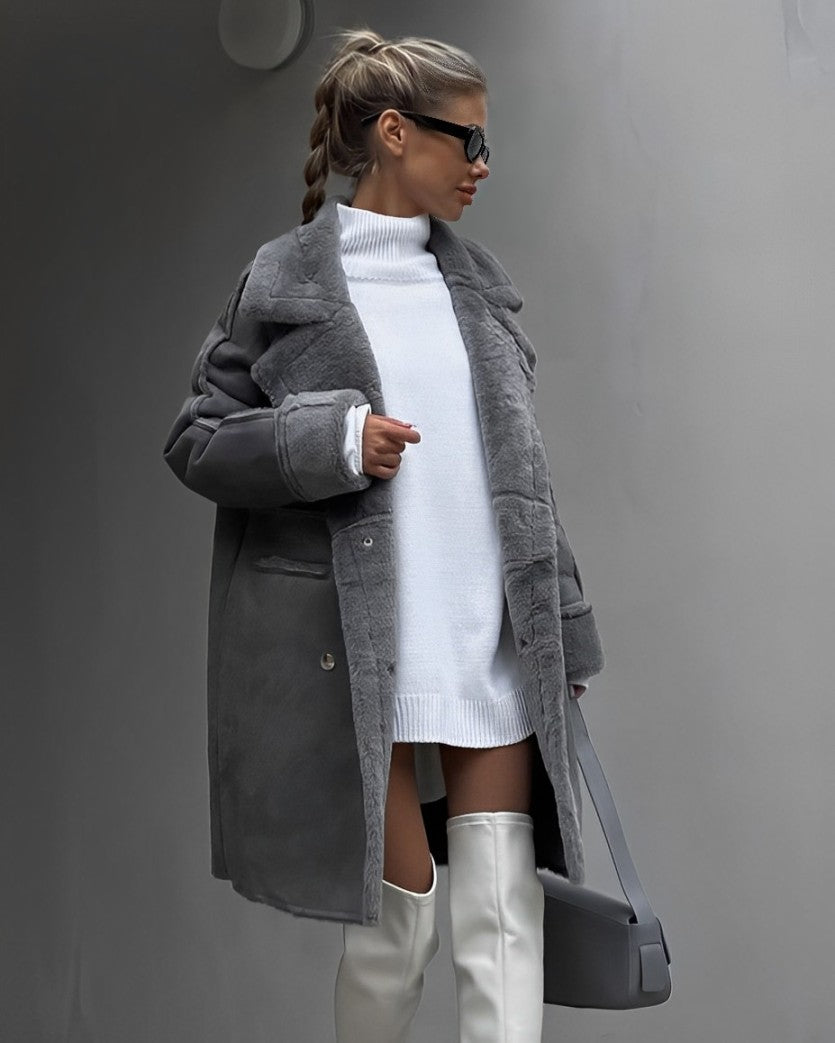 Long suede coat with fur trim