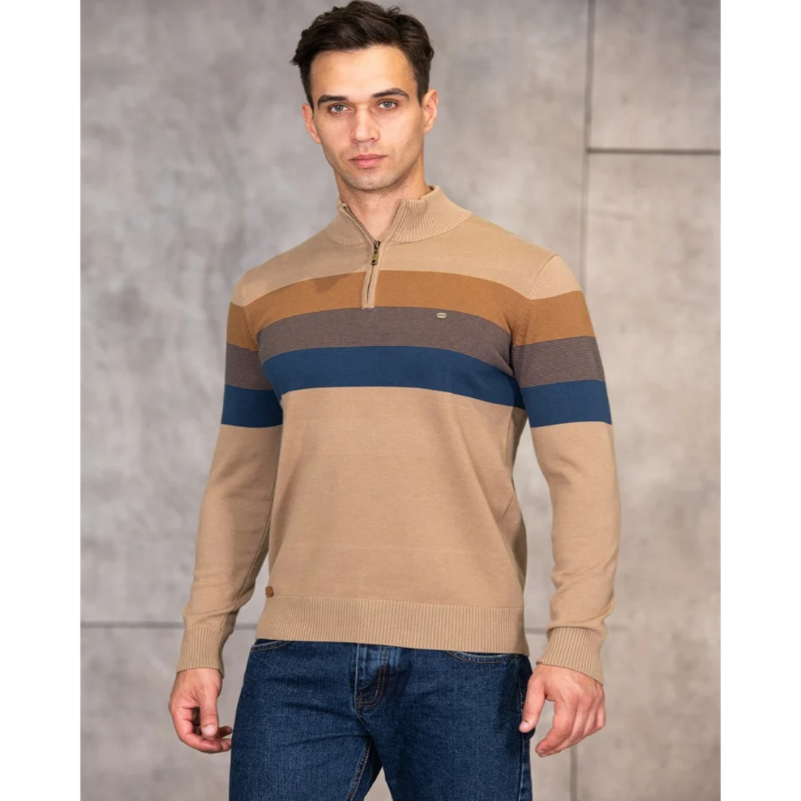 Striped knitted pullover with zip and stand-up collar