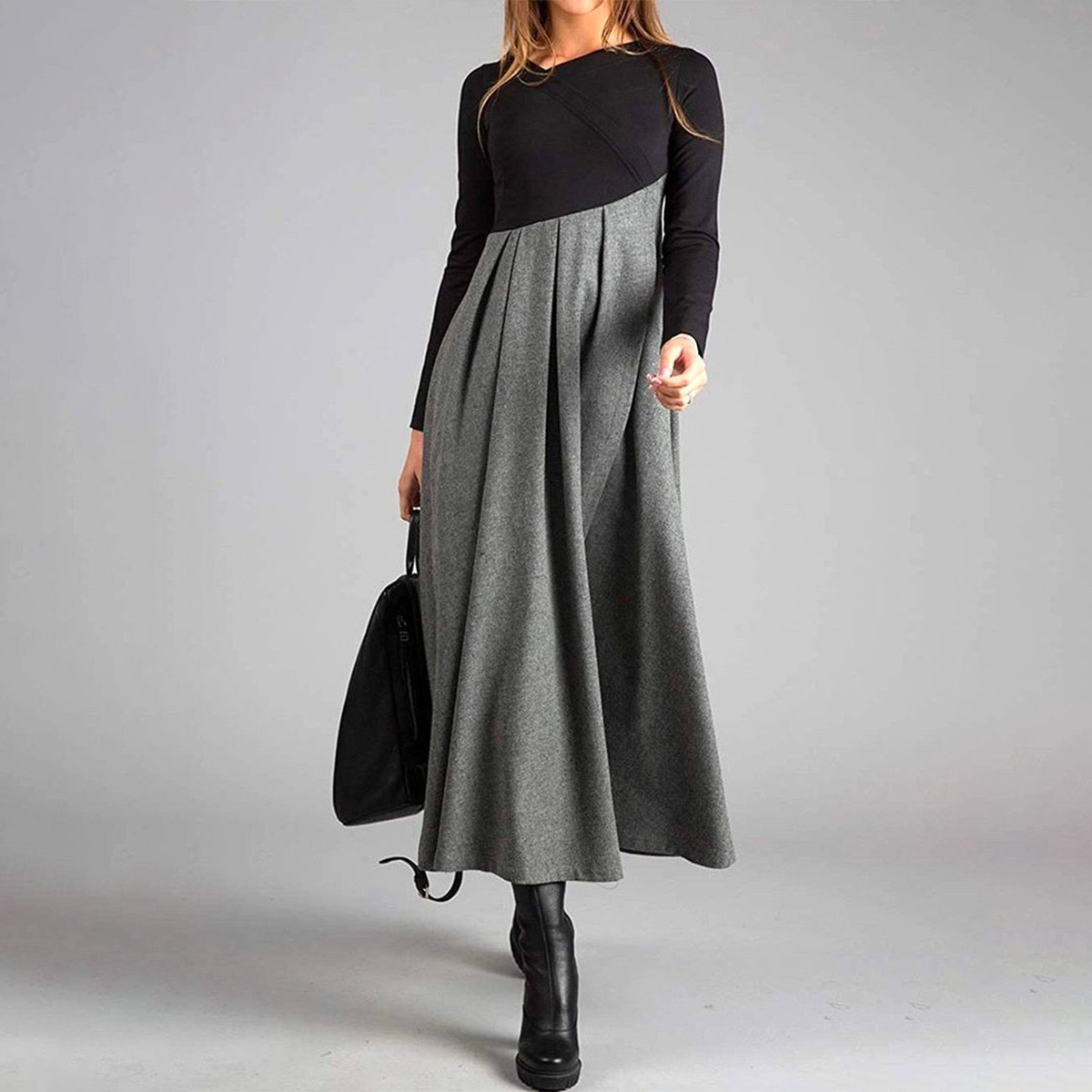 Women's Long Sleeve Dress - Grey-Black - Stylish Casual Wear - Ideal for Every Occasion