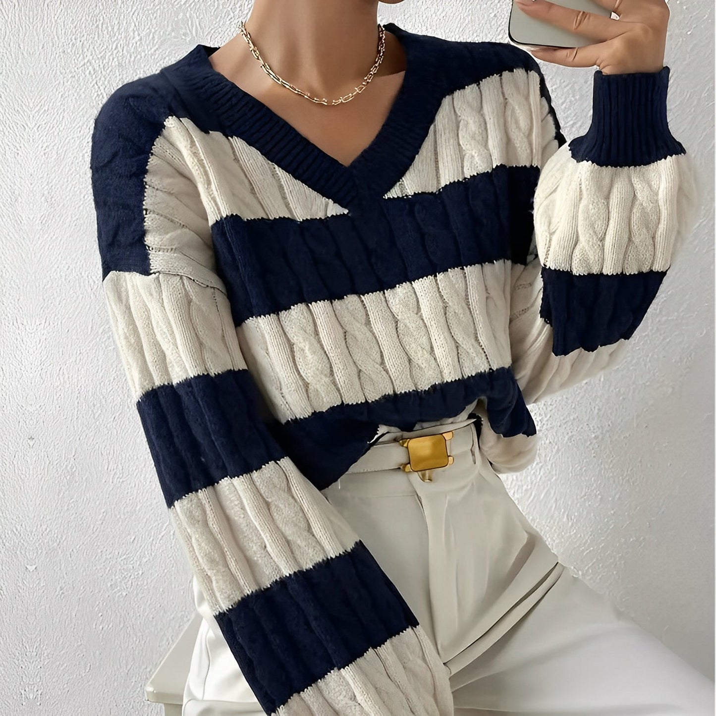 Women's Jumper - V-Neck Striped Long Sleeve - Comfortable and Stylish Knitwear