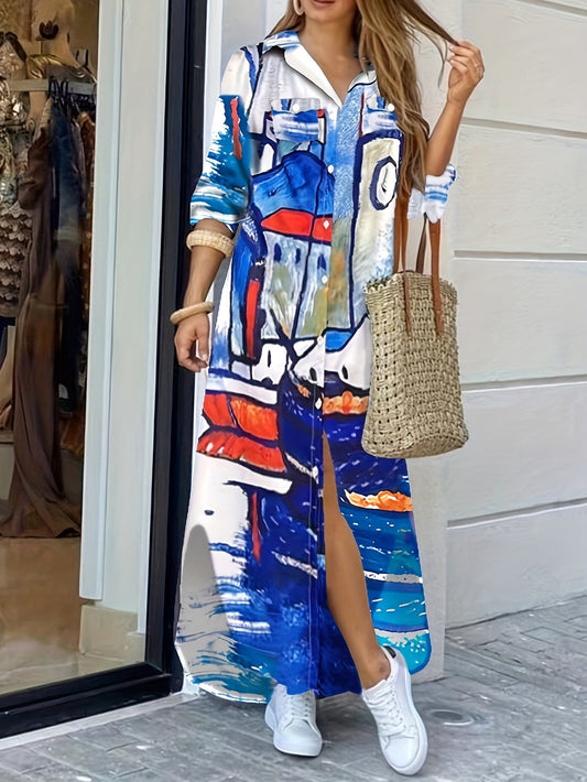 Women - Long Sleeve Dress - Blue & White Face Pattern - Stylish Casual Dress for Every Occasion