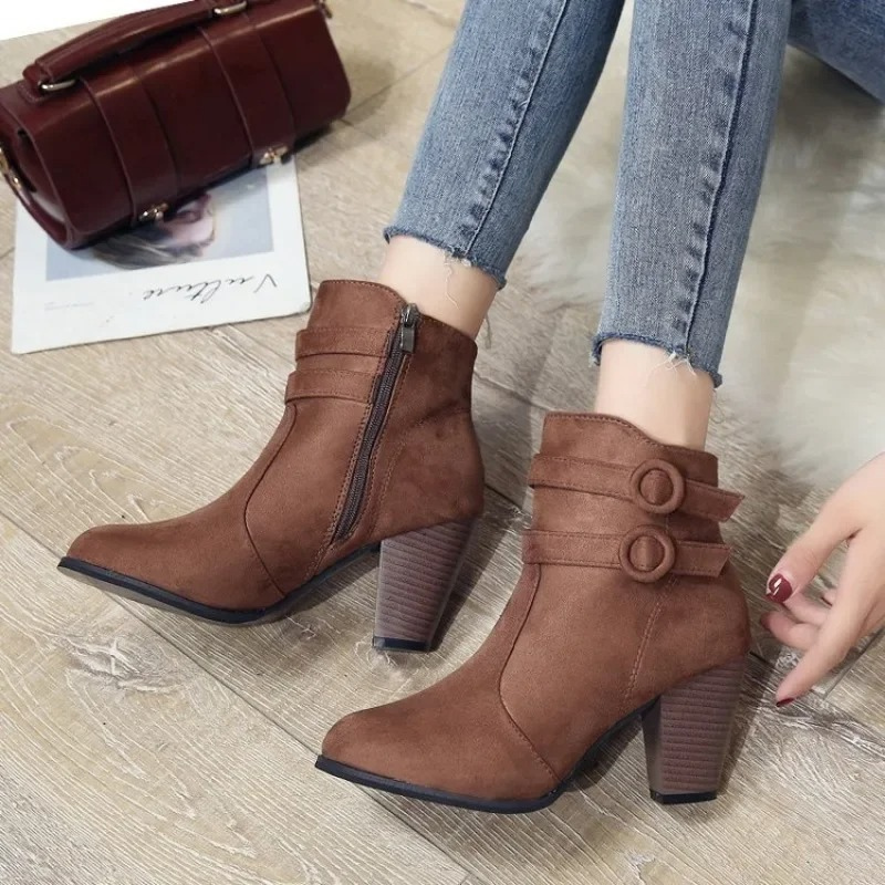 Women's Ankle Boots with Buckle Straps and Zip - Women's Ankle Boots