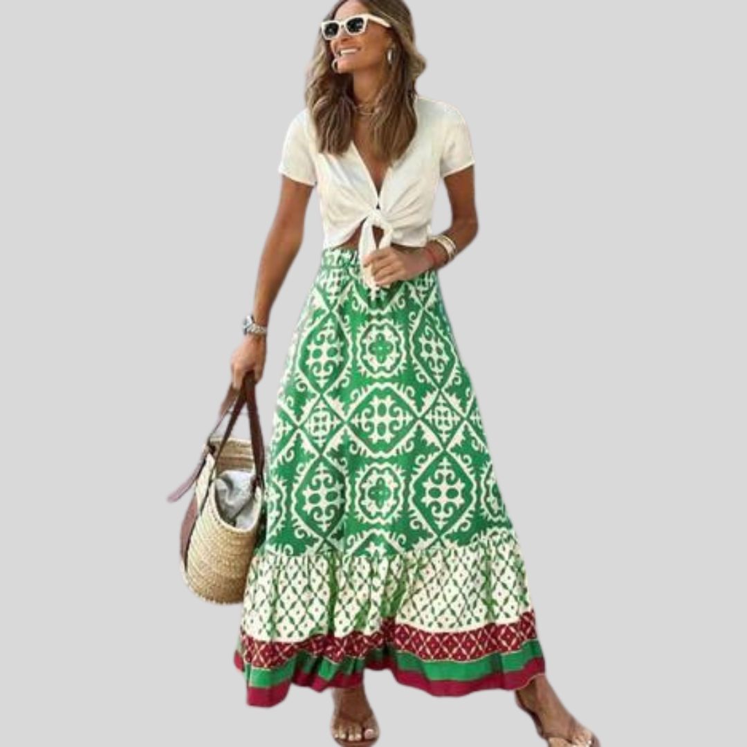 Maxi skirt with ethnic pattern and ruffled hem