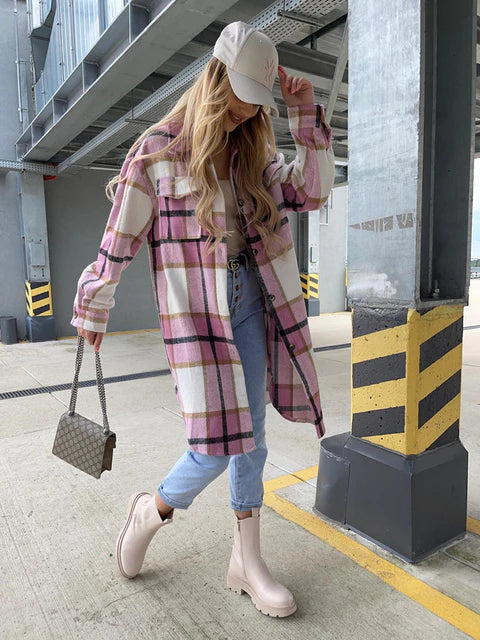 Women's Chequered Coat - Slim Fit - Trendy Fashion Outerwear - Stylish Winter Jacket