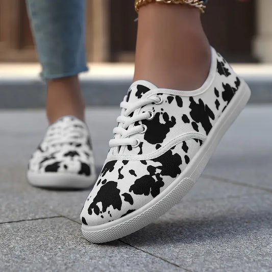 Women's - Slip-On Loafers - Lightweight Canvas Shoes with Cow Print - Stylish Comfort for Everyday Wear