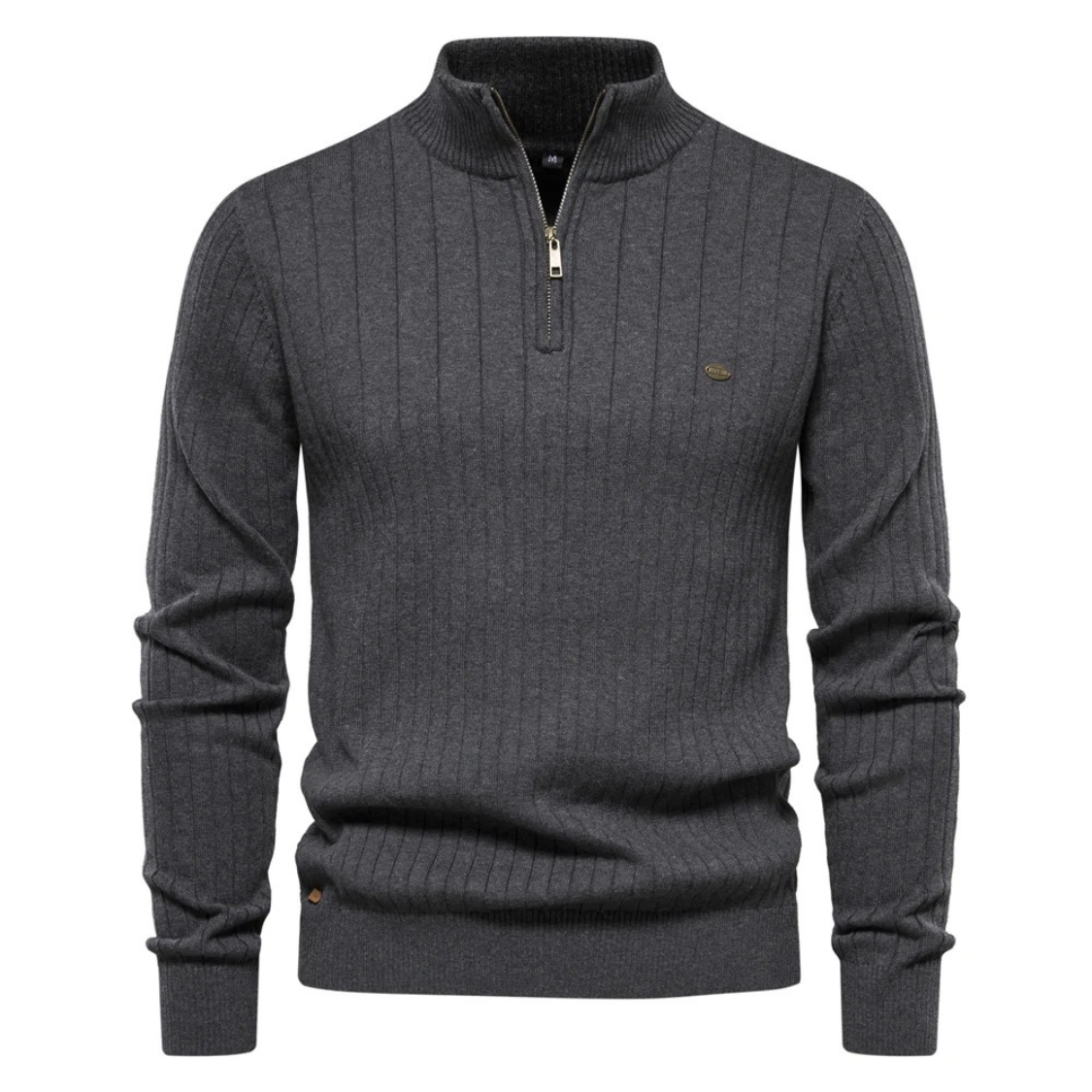 Ribbed knitted pullover with zip and stand-up collar