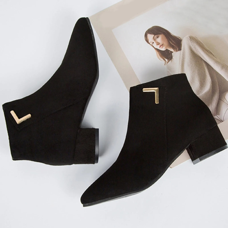 Suede Ankle Boots with Side Zip and Block Heel