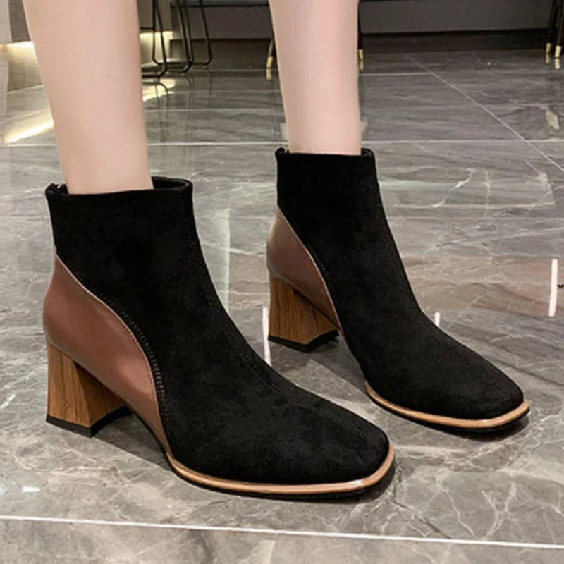 Women's Ankle Boots with Block Heels and Zipper at Side - Women's Ankle Boots