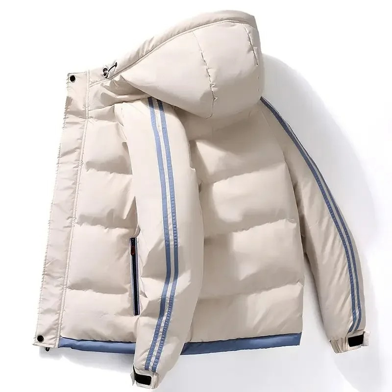 Puffer jacket with hood and contrasting stripes