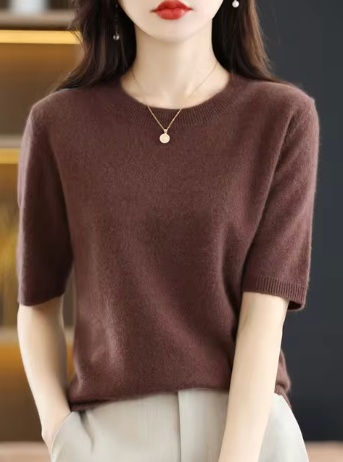 Short-sleeved wool and cashmere jumper