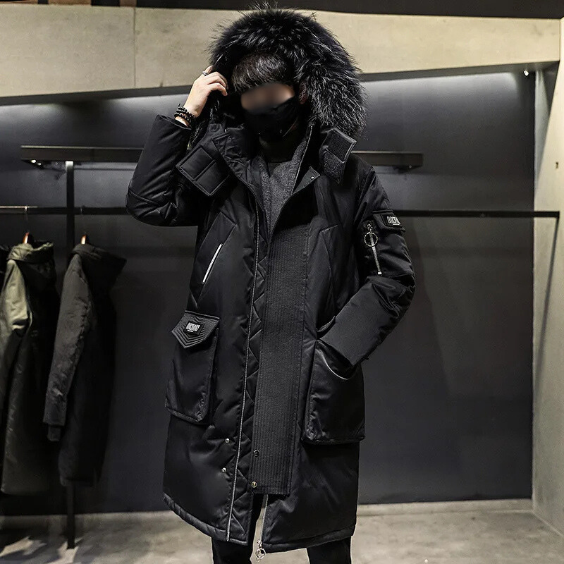 Men's parka winter jacket with fur hood and long sleeves