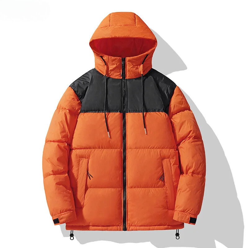 Men's puffer jacket with large hood and zip pockets