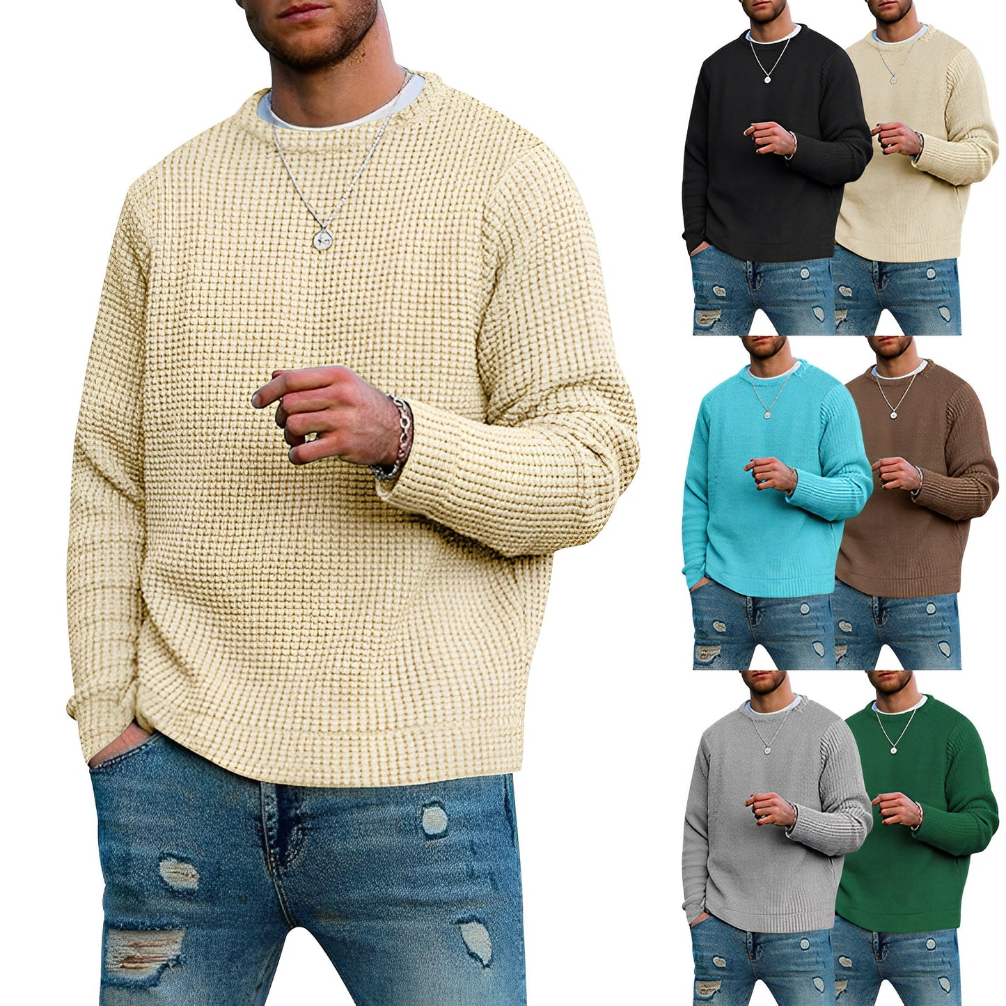 Men's Jumper - Waffle Knit - Round Neck Long Sleeve - Comfortable and Stylish Knitwear