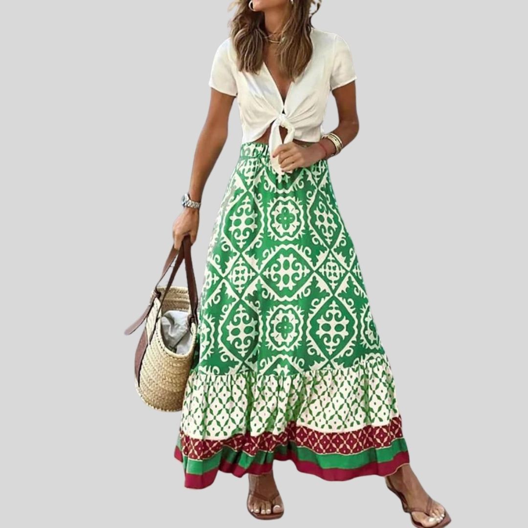 Maxi skirt with ethnic pattern and ruffled hem