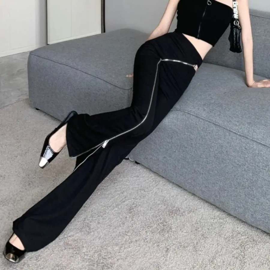 Women's Flared Trousers with Asymmetric Zip and High Waist