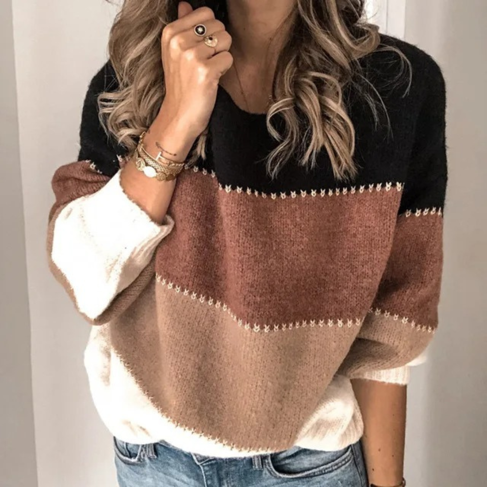 Casual Knitted Women's Sweater, Colour Block Design