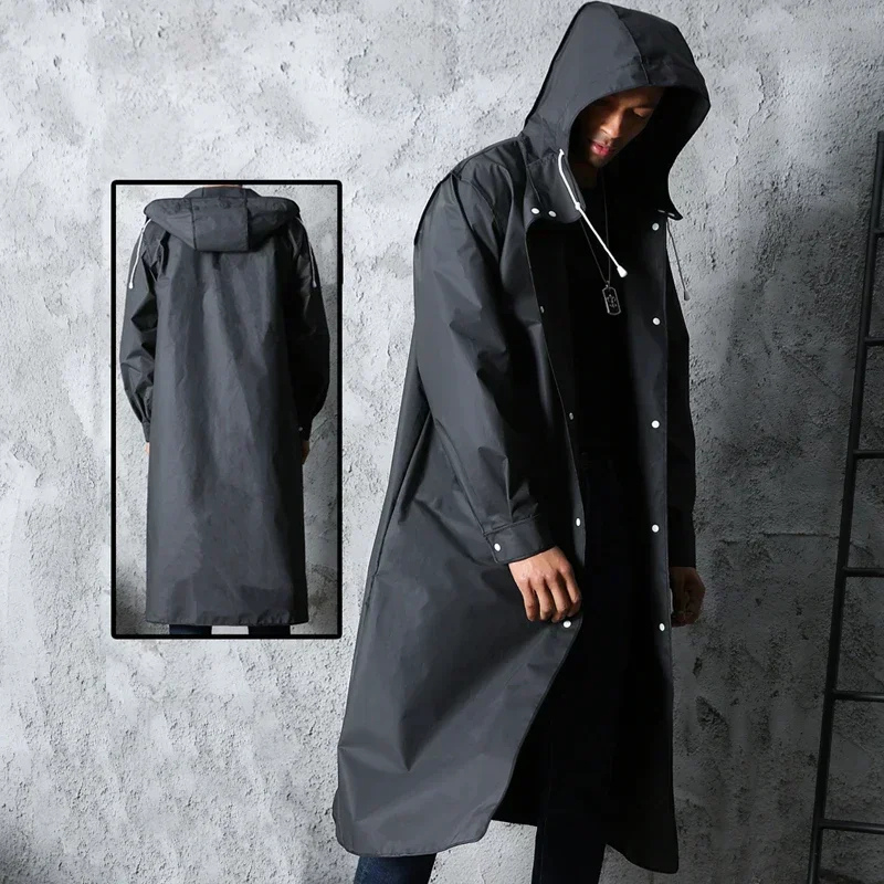 Men's long waterproof mackintosh with hood and press studs