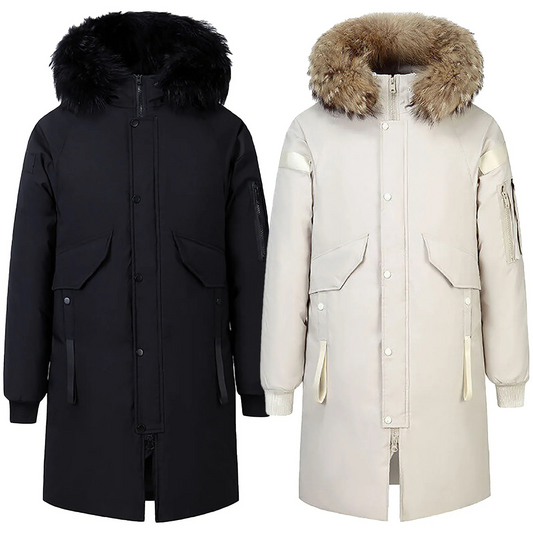 Winter jacket with fur hood and button fastening