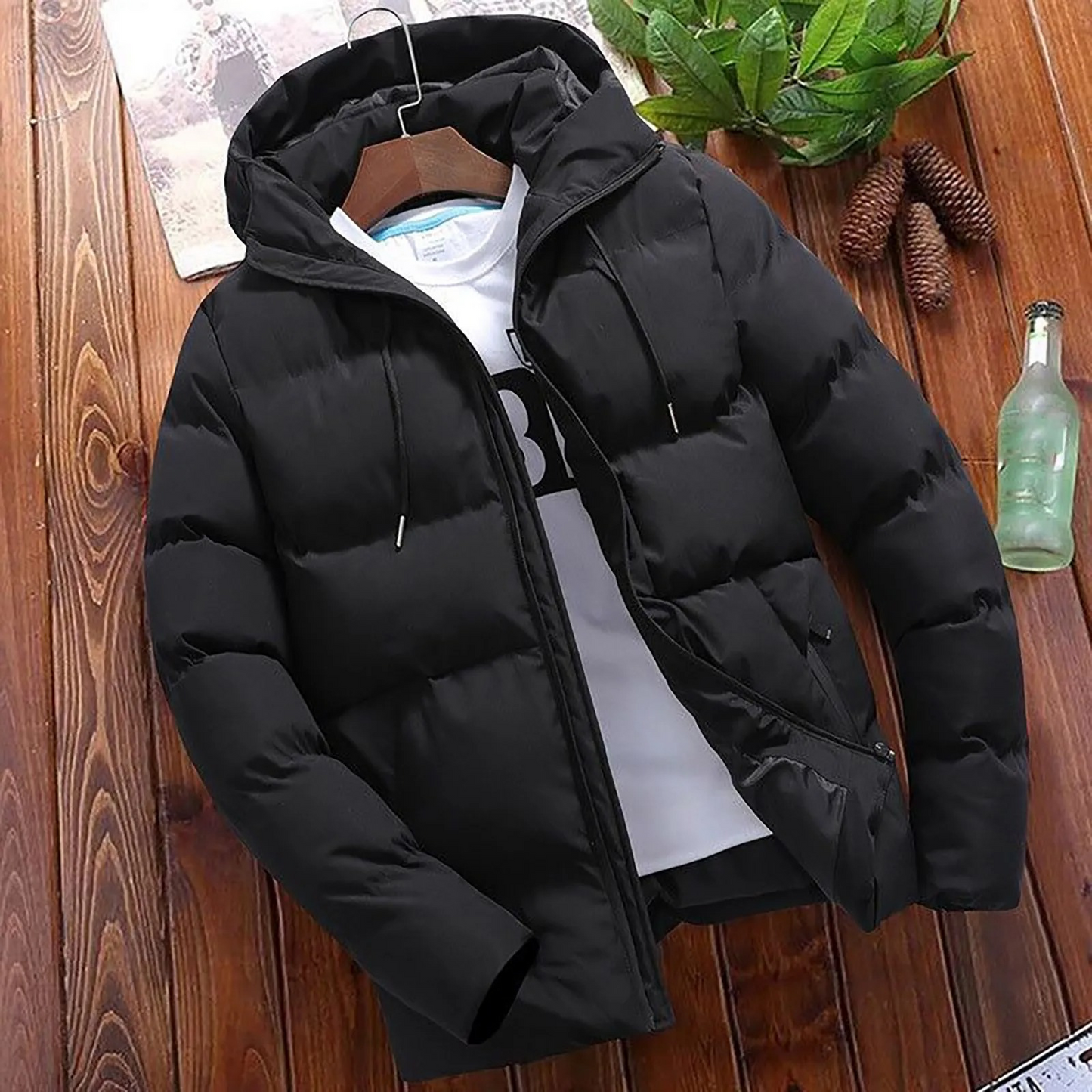 Puffer jacket with hood and zip front