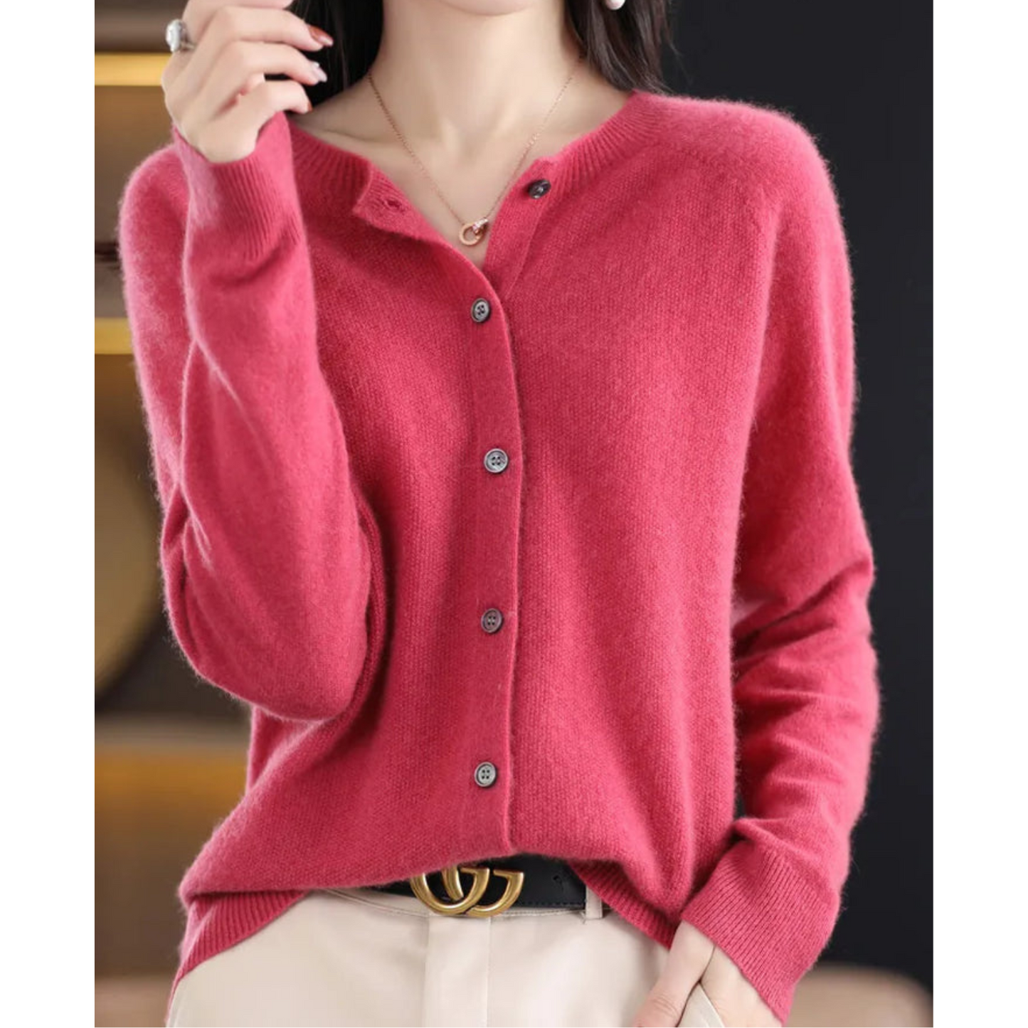 Pure Merino Wool Ladies O-neck Cardigan Cashmere Sweater