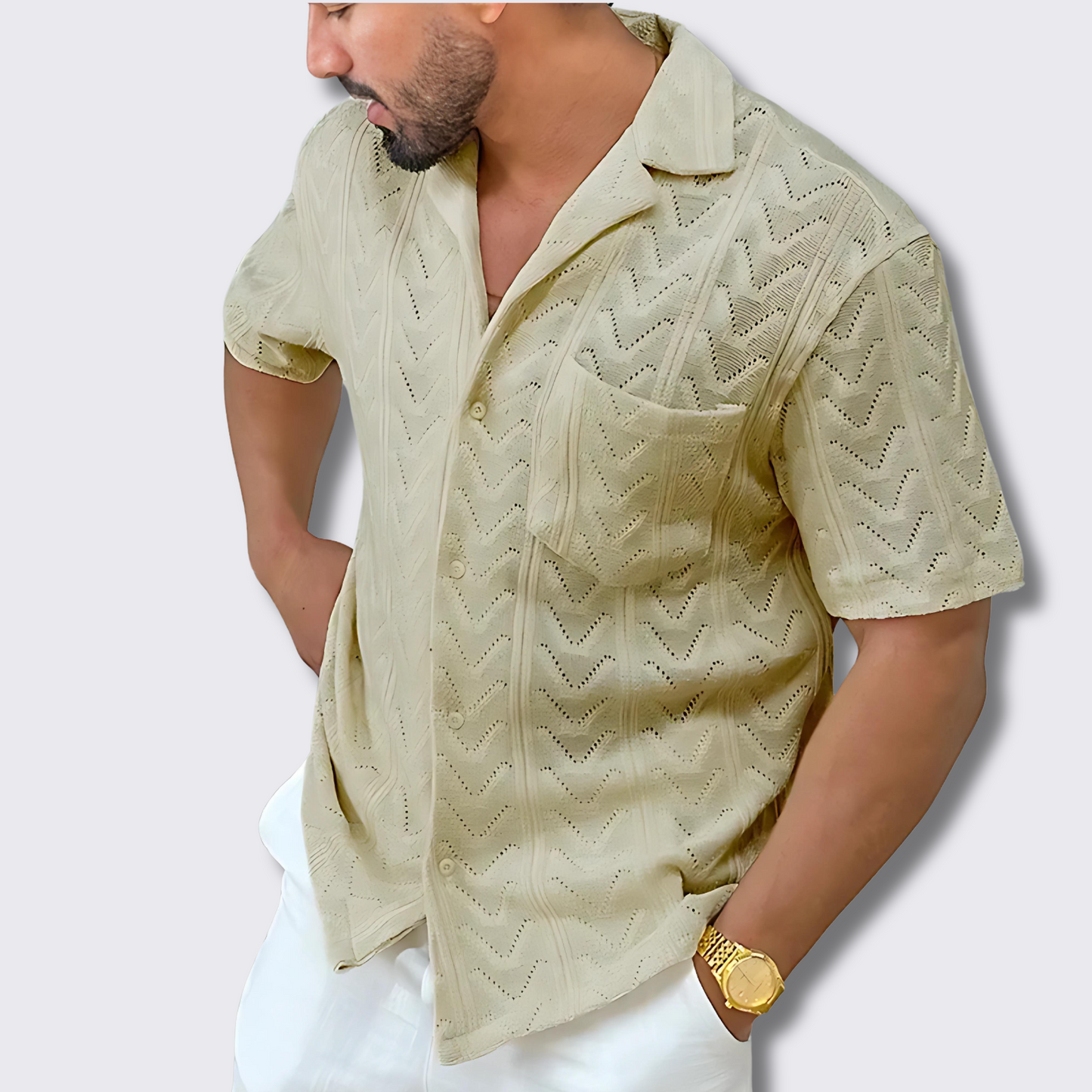 Short-sleeved shirt with lapel button