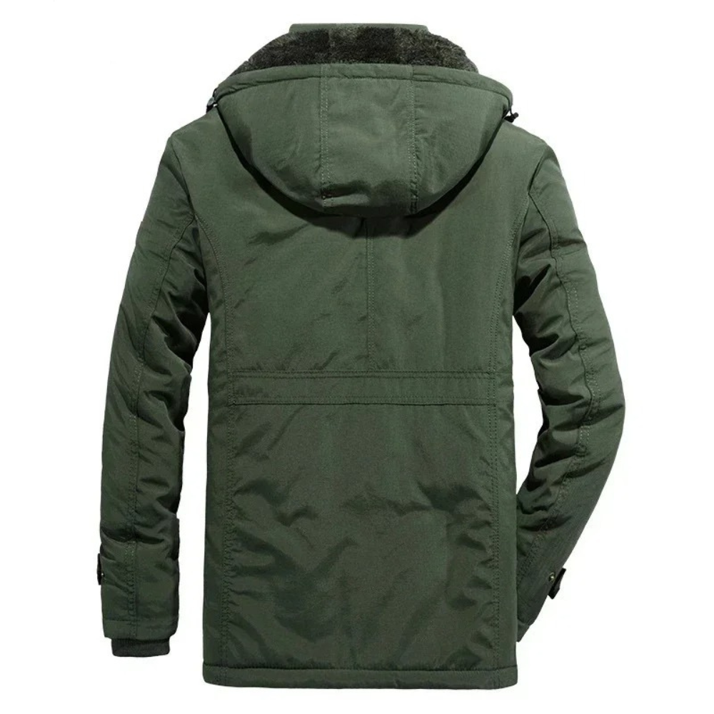 Robust parka jacket for men with detachable hood and pockets