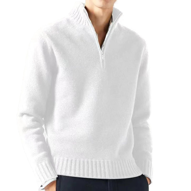 Warm knitted pullover with zip and stand-up collar