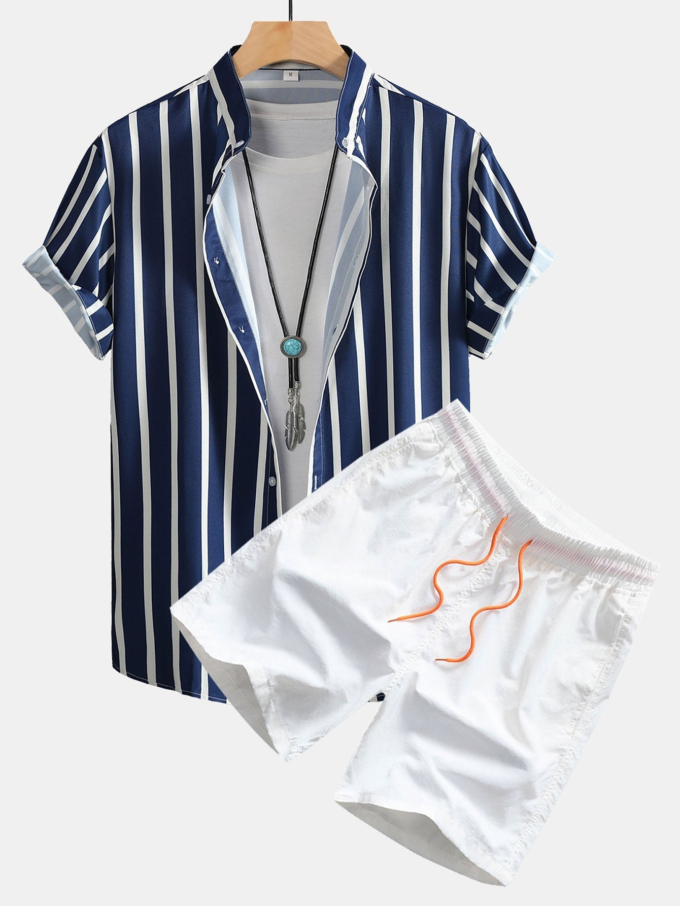 Striped Button Up Stand Collar Shirt & Man Mid Length Drawstring Swim Shorts