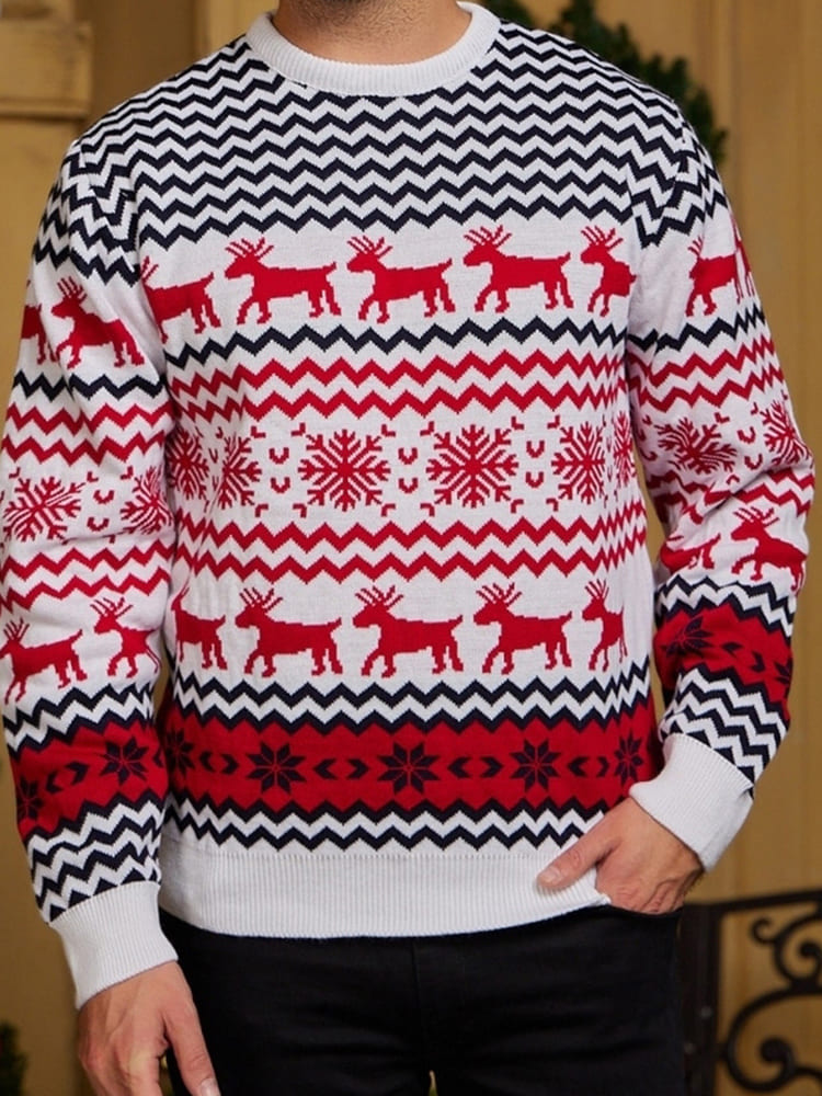 Women - Knitted Jumper - Cozy Festive Red with Reindeer Design - Holiday Sweater