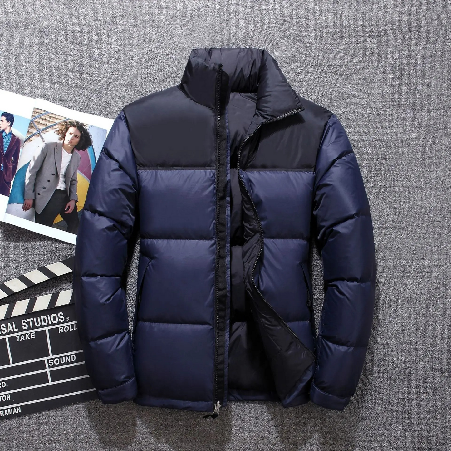 Men's puffer jacket with high collar and full-length zip