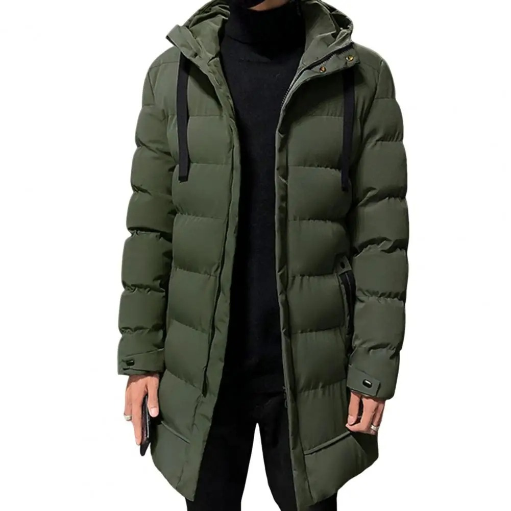 Men's long puffer jacket with large hood and zip pockets