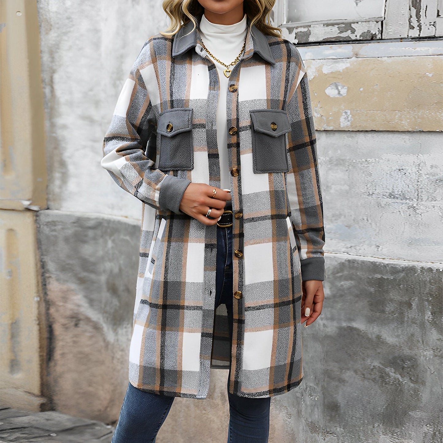 Women - Checked Coat - Woollen - Stylish Warm Outerwear for Cold Weather