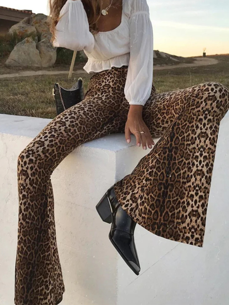 Women's leopard print flared trousers with high waist