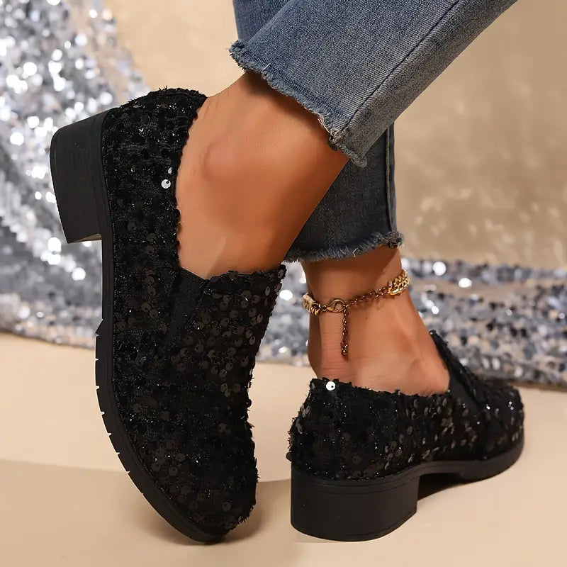 Women - Loafers - Sequined Design - Chunky Heel Fashion Shoes